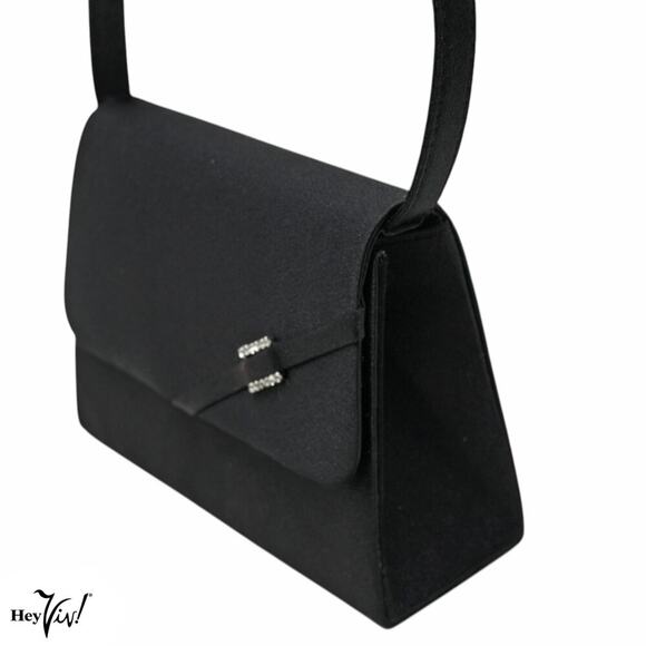 Vintage Evening Bag Black Satin Rhinestone Trim Handle & Shoulder Strap -Hey Viv - Picture 3 of 7
